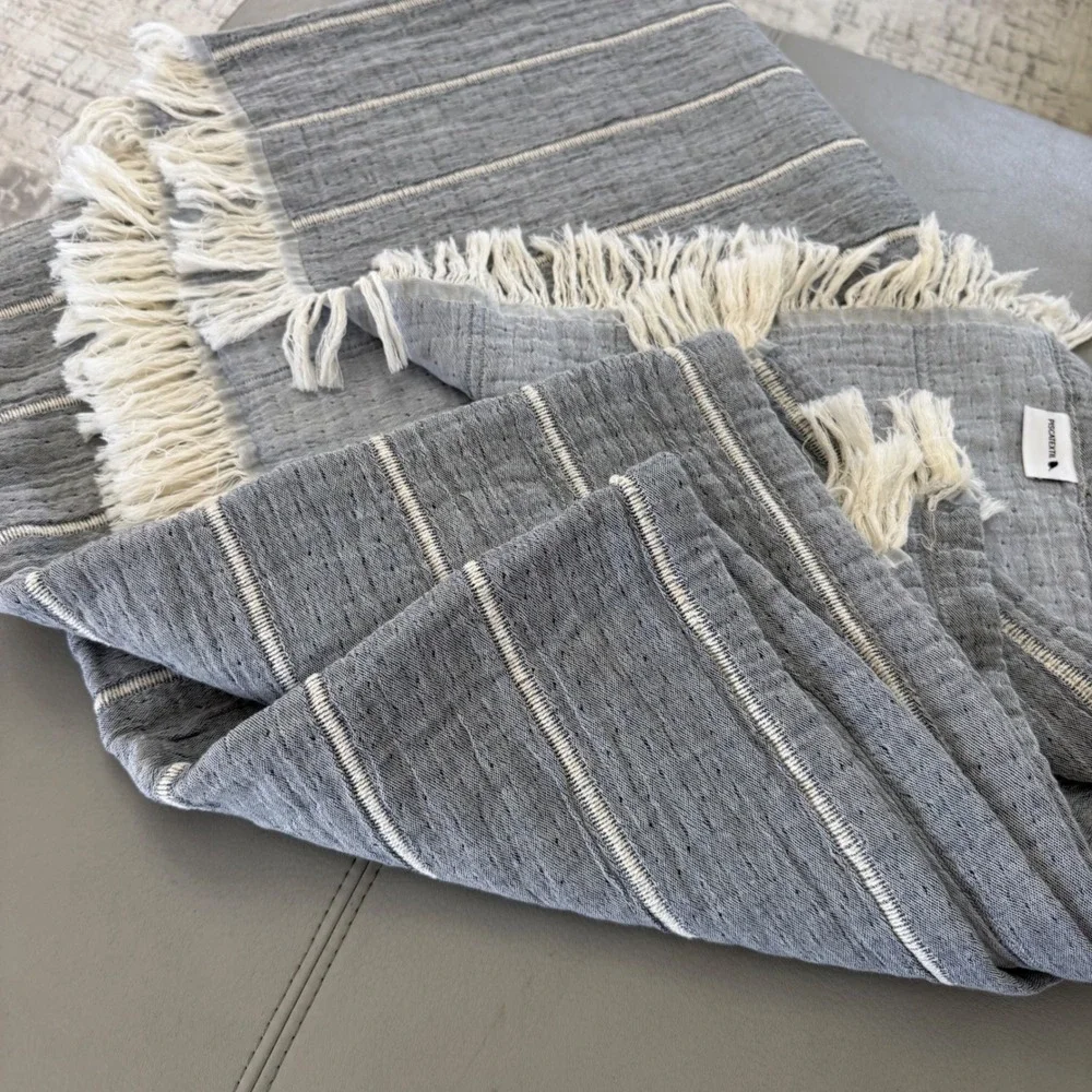 MM Piscatextil Grey Striped Cotton Throw Blanket with Fringe 92-55 Made Portugal